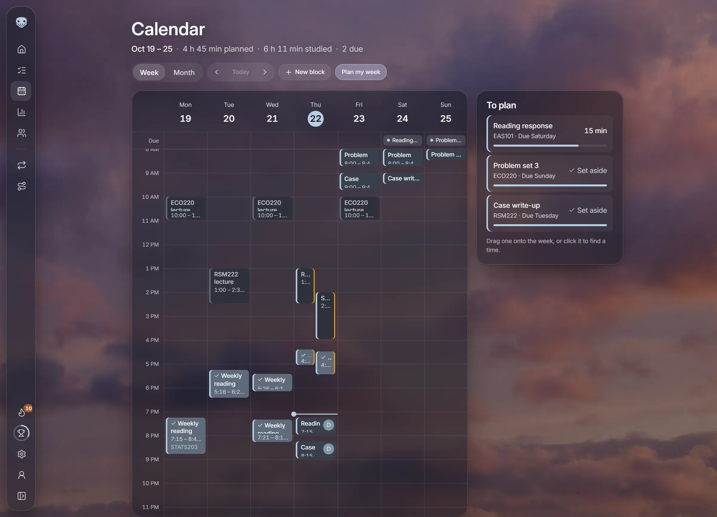 The week with the study blocks added