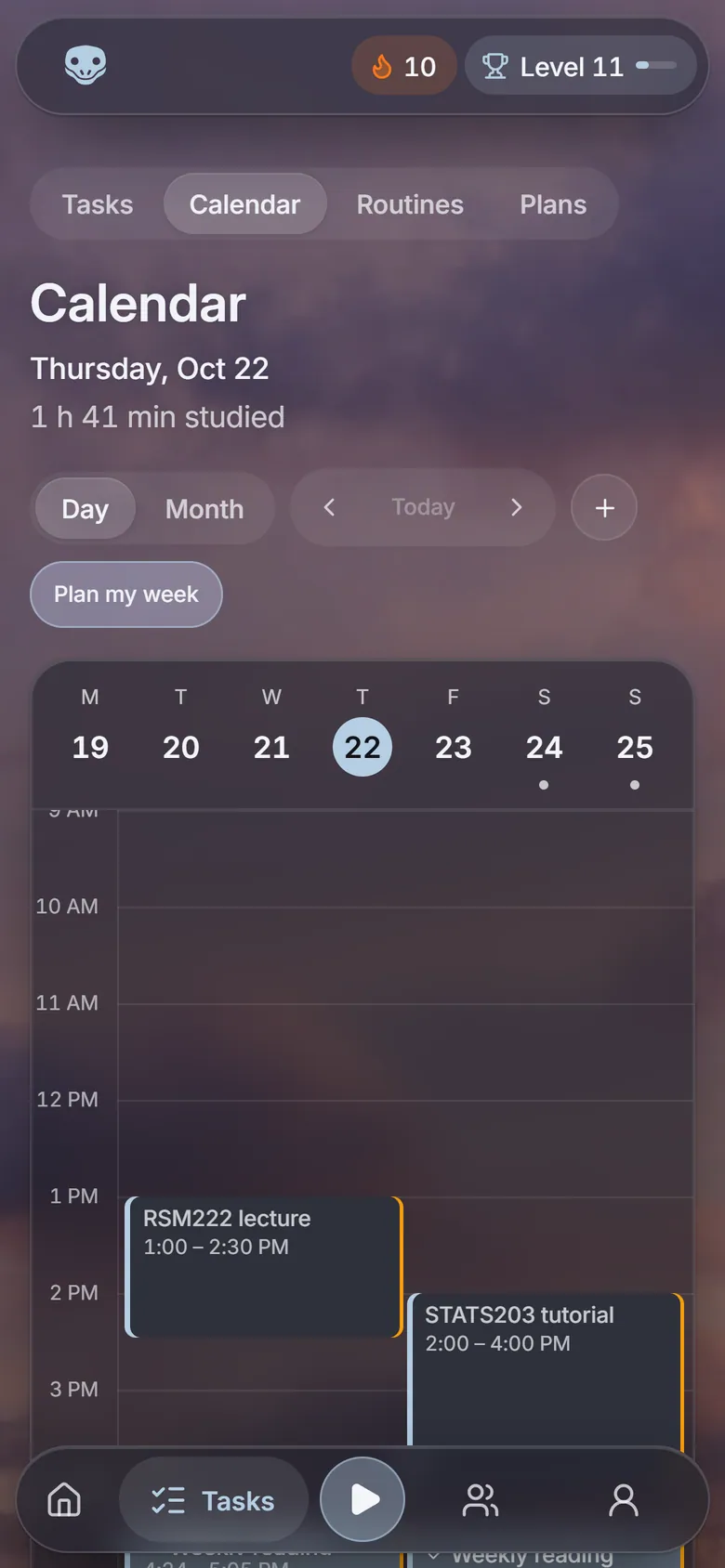 The calendar on a phone: one day at a time, with the week in a strip above