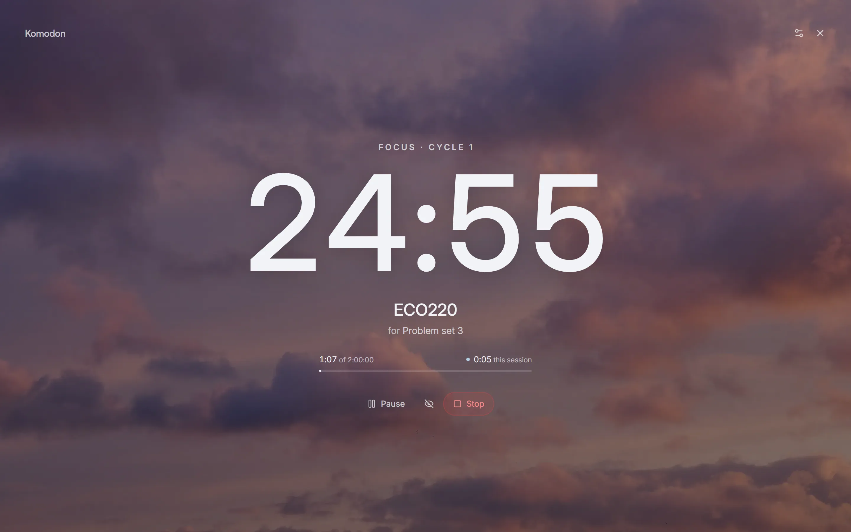 The Komodon focus screen during a Pomodoro: the countdown and the task