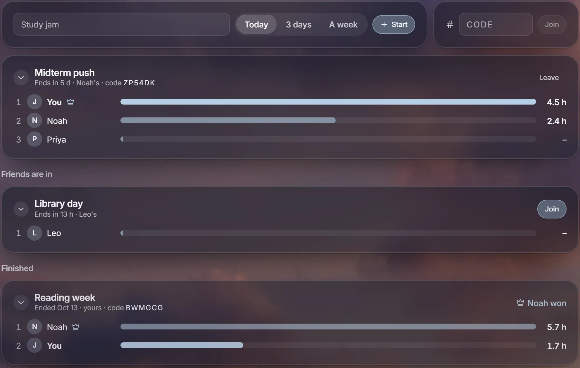 Jams: a few days of studying where the most hours wins