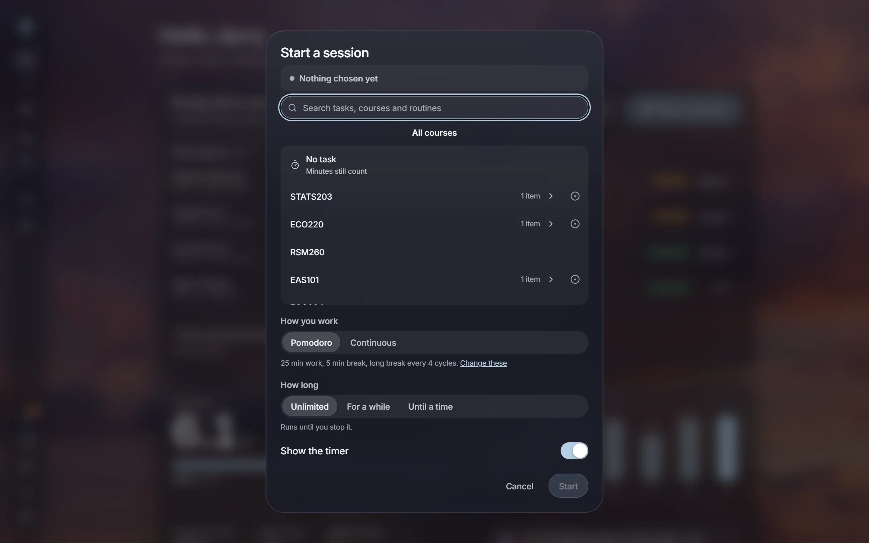 Starting a session: pick the task, then Pomodoro or continuous, and for how long